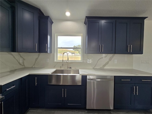 kitchen with tasteful backsplash, dishwasher, light stone countertops, and a sink