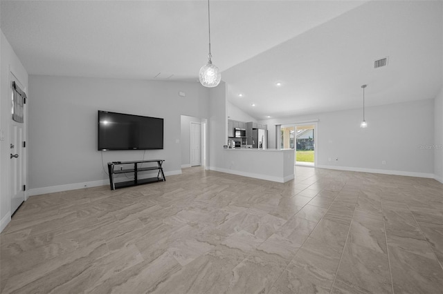 unfurnished living room with baseboards, visible vents, marble finish floor, and high vaulted ceiling