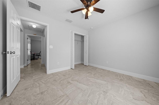 unfurnished bedroom featuring visible vents, baseboards, a closet, and ceiling fan