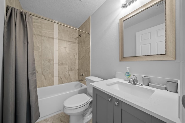 bathroom featuring vanity, toilet, shower / bathtub combination with curtain, and a textured ceiling