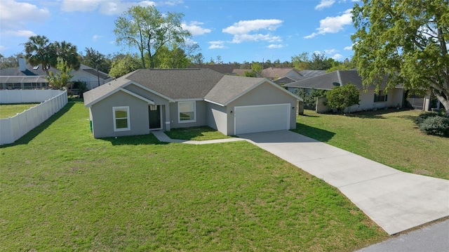ranch-style home featuring a front yard, fence, stucco siding, concrete driveway, and a garage