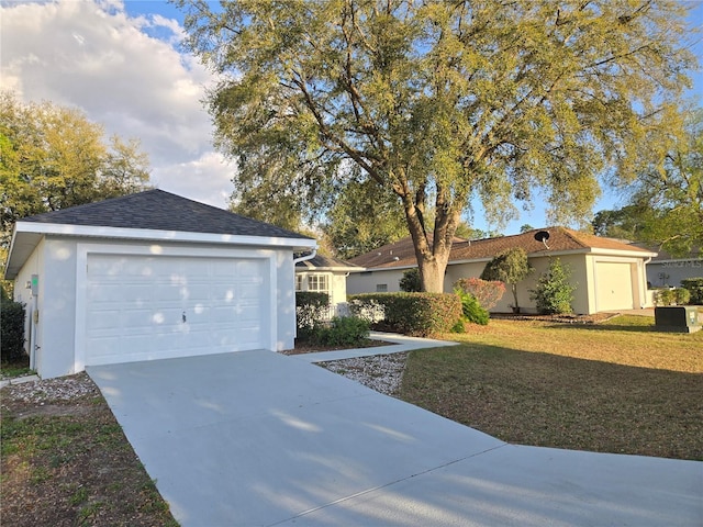 ranch-style house with driveway, an attached garage, a shingled roof, stucco siding, and a front lawn