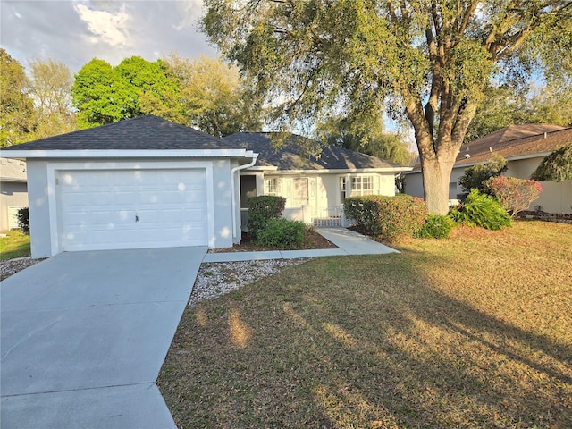 single story home featuring roof with shingles, an attached garage, stucco siding, concrete driveway, and a front lawn