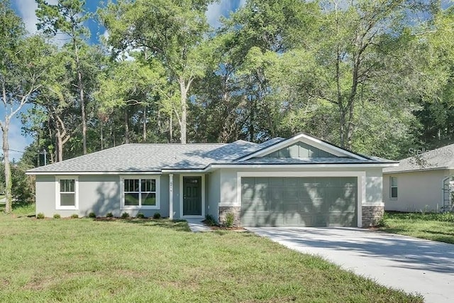 ranch-style house featuring stucco siding, driveway, a front lawn, stone siding, and a garage