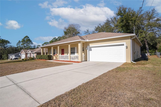 ranch-style house featuring stucco siding, a front lawn, a porch, concrete driveway, and an attached garage