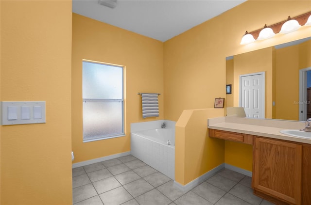 full bathroom featuring tile patterned flooring, a bath, vanity, and baseboards