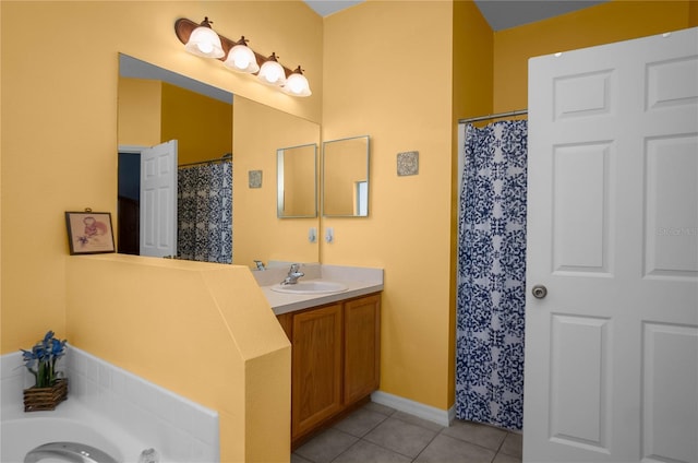 bathroom with tile patterned floors, curtained shower, and vanity