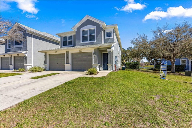 traditional-style house featuring stucco siding, concrete driveway, a front yard, and a garage