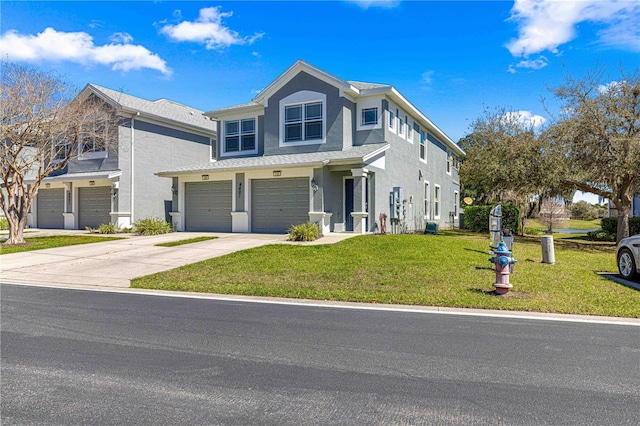 view of front facade featuring a front lawn, an attached garage, driveway, and stucco siding