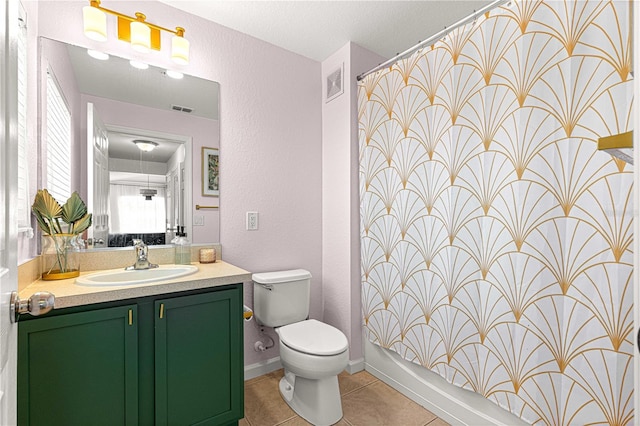 full bathroom featuring tile patterned floors, visible vents, toilet, and vanity