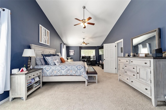 bedroom with light carpet, baseboards, and lofted ceiling