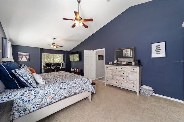 carpeted bedroom featuring baseboards, high vaulted ceiling, and a ceiling fan