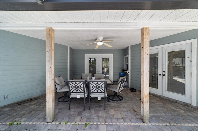 view of patio / terrace with french doors, an outdoor hangout area, visible vents, and ceiling fan