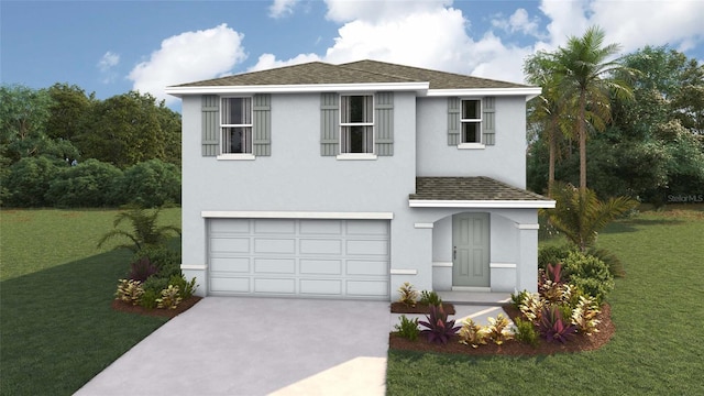 traditional-style home featuring a front yard, an attached garage, a shingled roof, stucco siding, and concrete driveway