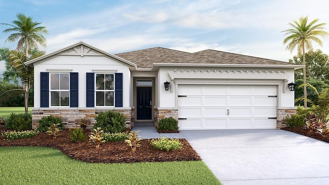 view of front facade featuring stone siding, stucco siding, an attached garage, and concrete driveway