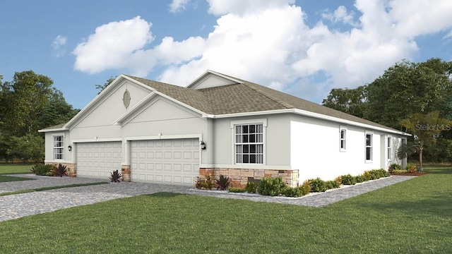 view of home's exterior with stucco siding, a lawn, decorative driveway, stone siding, and a garage