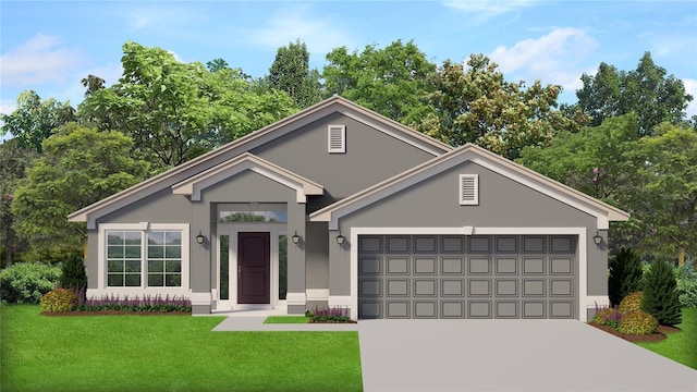 single story home featuring a front lawn, a garage, driveway, and stucco siding