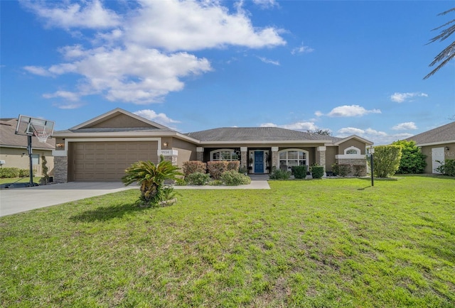 ranch-style home with stucco siding, a front lawn, concrete driveway, and an attached garage