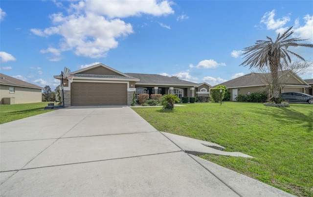 single story home with a front yard, stucco siding, driveway, stone siding, and an attached garage