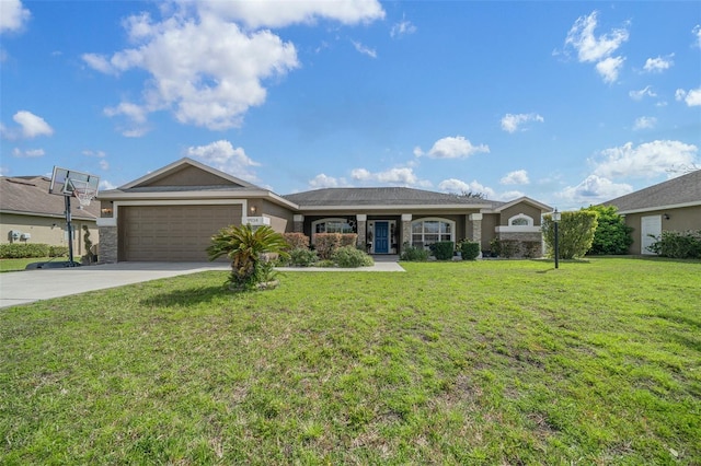 single story home with a garage, a front yard, driveway, and stucco siding