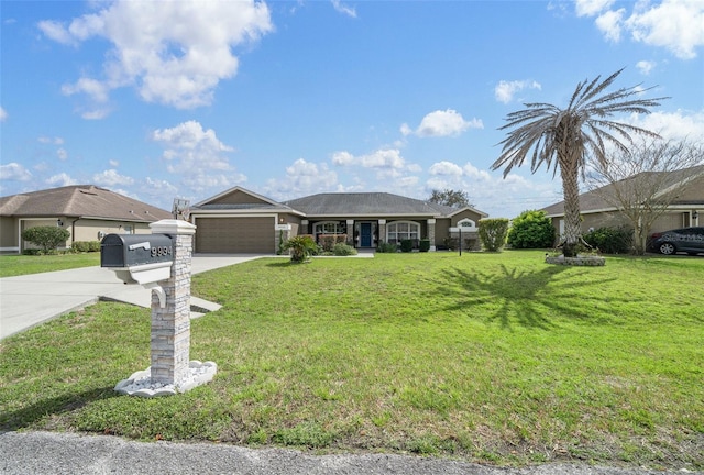 single story home featuring concrete driveway, a garage, and a front lawn