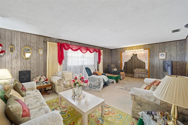 carpeted living area with visible vents and a textured ceiling