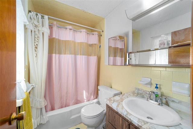 bathroom with toilet, shower / tub combo with curtain, backsplash, tile walls, and vanity