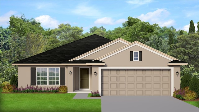 view of front of home with roof with shingles, driveway, an attached garage, stucco siding, and a front lawn