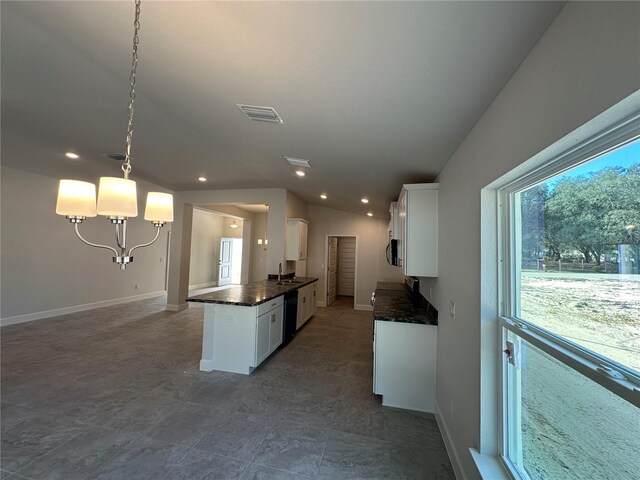 4397 SW 90th Pl, Ocala, FL 34476 - kitchen featuring dark countertops, white cabinets, black dishwasher, baseboards, and recessed lighting