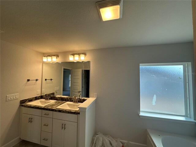 4397 SW 90th Pl, Ocala, FL 34476 - bathroom with double vanity, baseboards, a bathtub, a textured wall, and a textured ceiling
