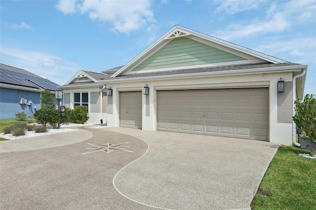 single story home featuring stucco siding, driveway, an attached garage, and roof with shingles