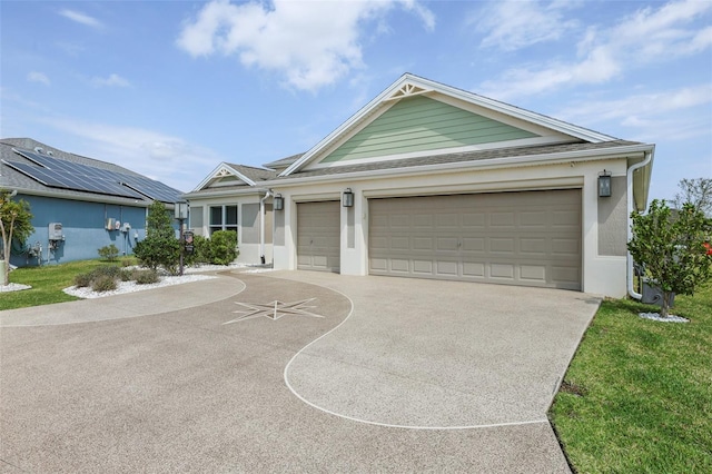 ranch-style house featuring a garage, a shingled roof, concrete driveway, and stucco siding