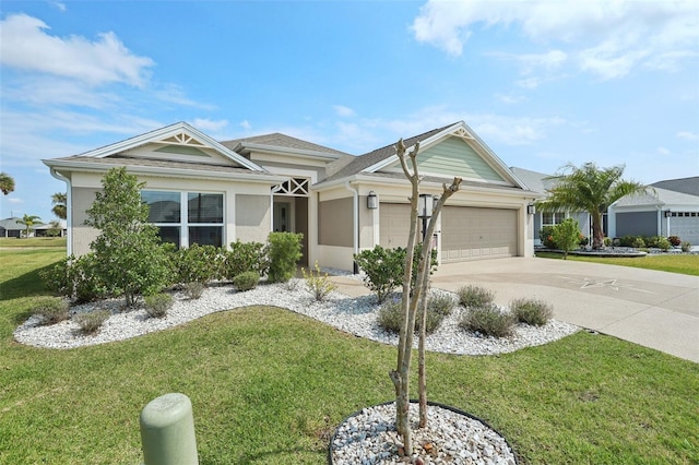 ranch-style house with concrete driveway, an attached garage, a front lawn, and stucco siding