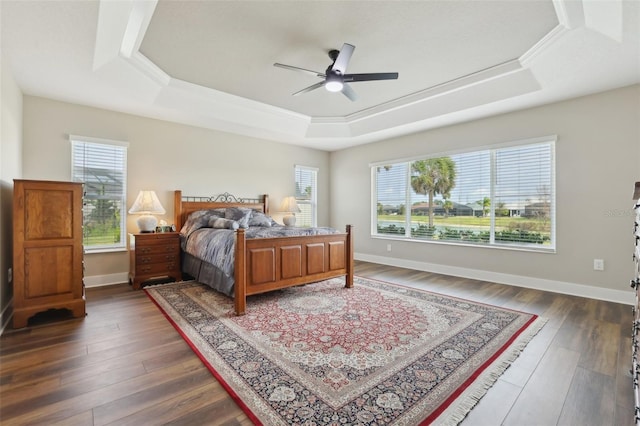 bedroom featuring multiple windows, a raised ceiling, baseboards, and wood finished floors