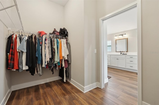 walk in closet featuring a sink and wood finished floors