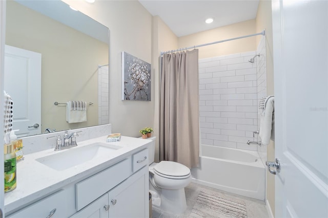 bathroom featuring tile patterned floors, toilet, vanity, and shower / bathtub combination with curtain