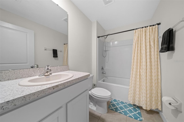 4931 SW 88th Pl, Ocala, FL 34476 - bathroom featuring vanity, shower / bathtub combination with curtain, visible vents, tile patterned floors, and toilet