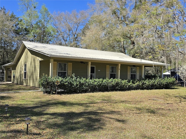 view of front of home with a front yard, a ceiling fan, and metal roof