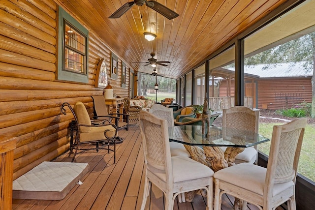 sunroom / solarium featuring wooden ceiling and ceiling fan