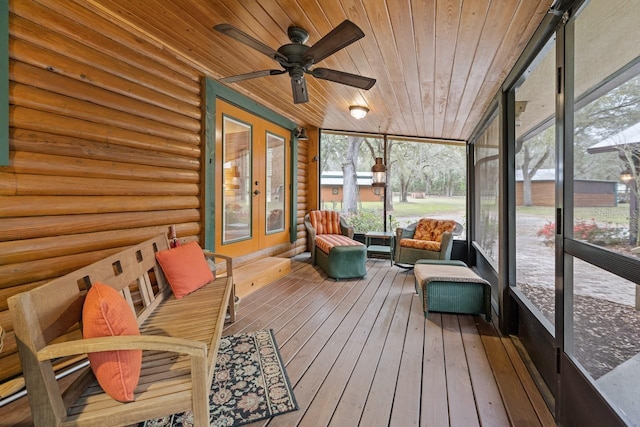 sunroom / solarium with ceiling fan, a sauna, and wooden ceiling