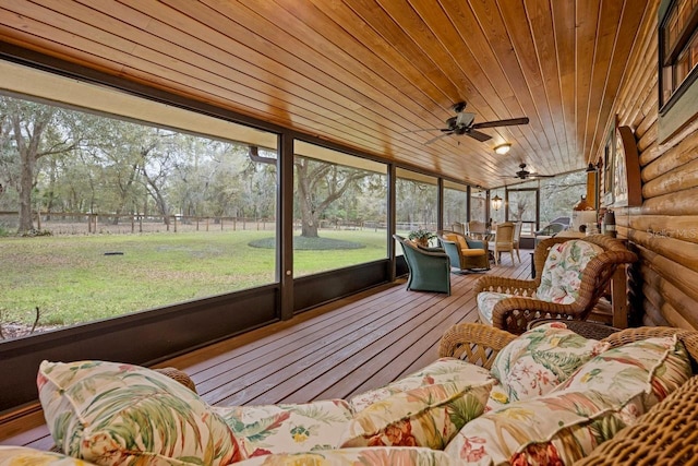 sunroom with a ceiling fan and wood ceiling