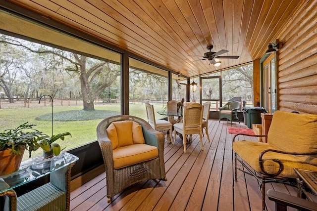 sunroom with vaulted ceiling, wood ceiling, and ceiling fan