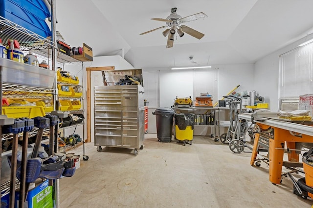 interior space featuring cooling unit and a ceiling fan