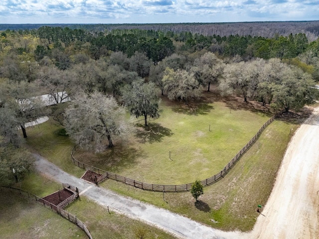 bird's eye view featuring a rural view and a forest view