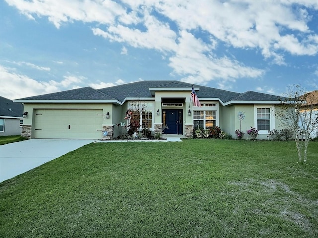 view of front of home with an attached garage, a front yard, stucco siding, stone siding, and driveway