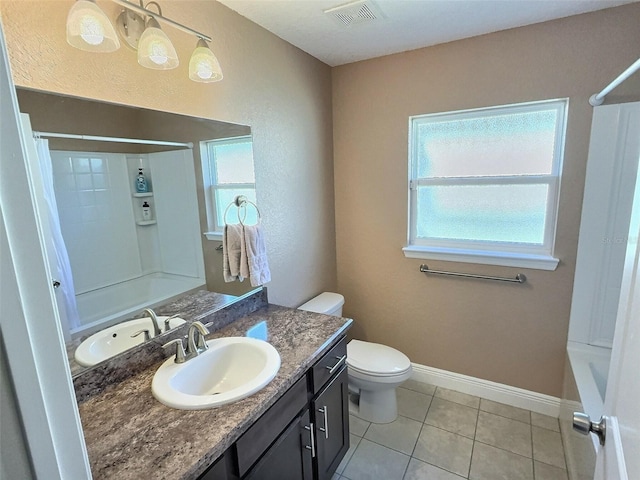 full bath featuring tile patterned flooring, visible vents, baseboards, toilet, and vanity