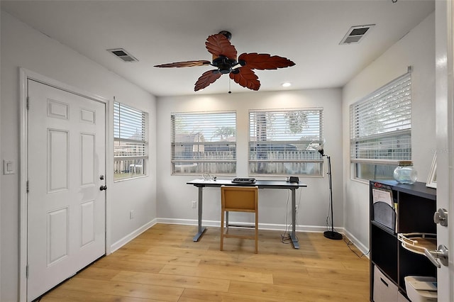 office with a wealth of natural light, visible vents, and light wood finished floors