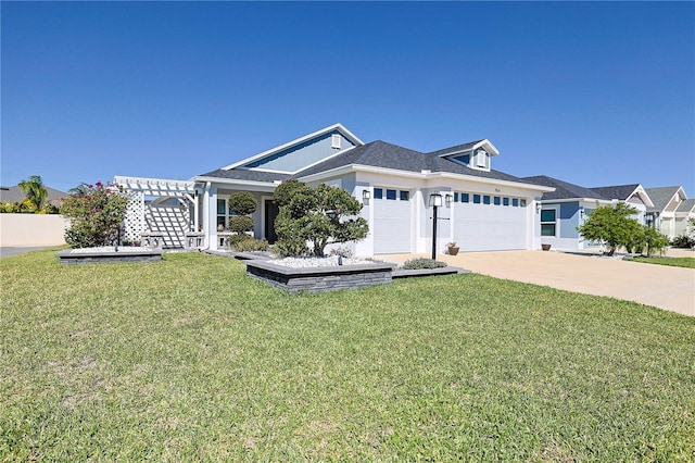 7014 Elaine Ct, The Villages, FL 34762 - view of front facade with a pergola, stucco siding, a front lawn, concrete driveway, and a garage