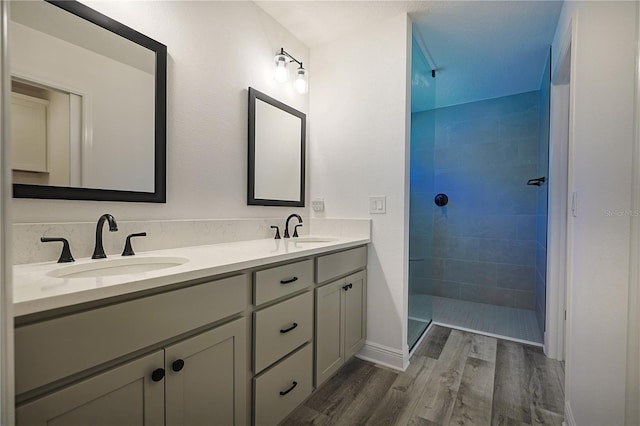 7014 Elaine Ct, The Villages, FL 34762 - full bath featuring a tile shower, double vanity, wood finished floors, and a sink