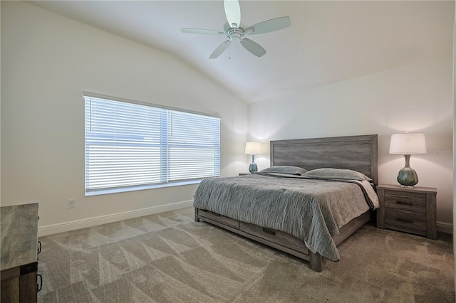 7014 Elaine Ct, The Villages, FL 34762 - carpeted bedroom with baseboards, lofted ceiling, and a ceiling fan